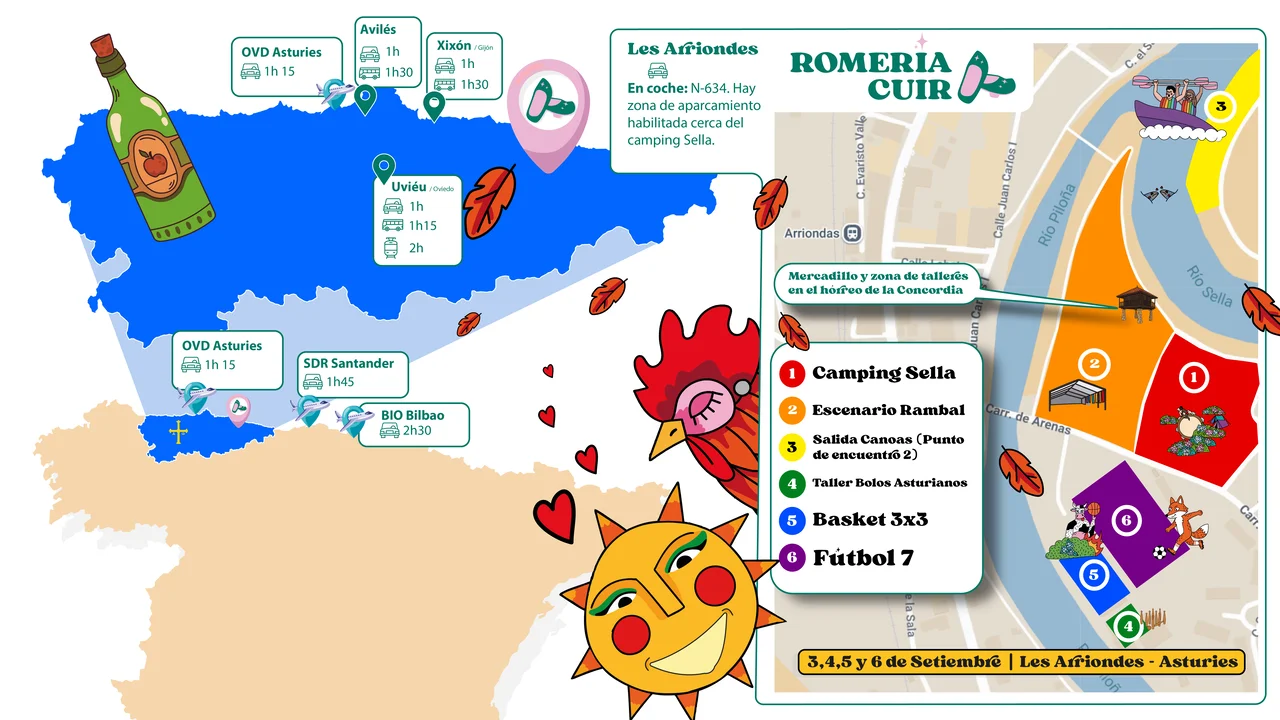 Mapa de Les Arriondes con tiempos de viaje desde ciudades cercanas y ubicaciones numeradas de actividades